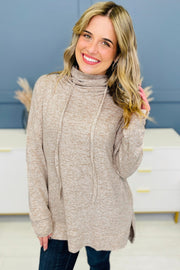 Apricot cowl neck top with adjustable drawstring detail
