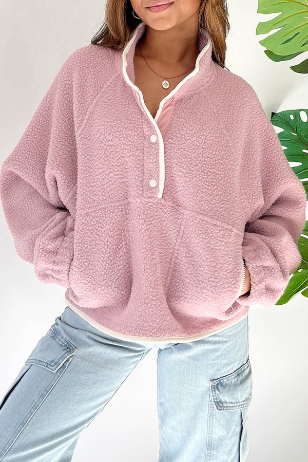 Fuchsia Oversized Plush Sweatshirt with Zip Pockets