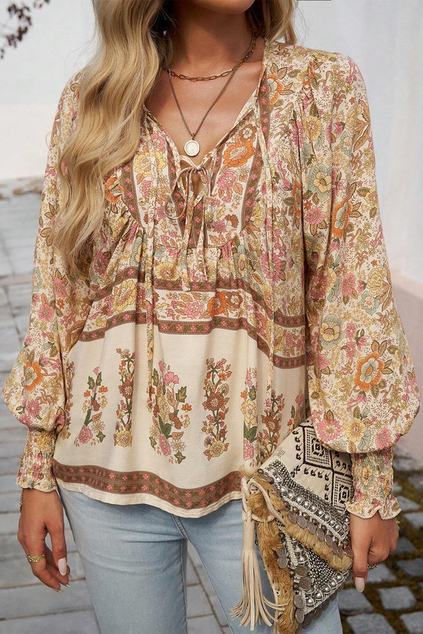 Yellow Floral Tie Neck Lantern Sleeve Blouse