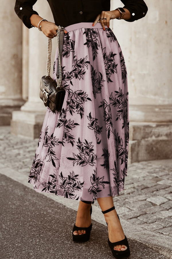 Maxi Skirt with Peach Blossom Floral & Leaf Embroidery — High Waist
