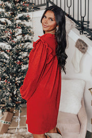 V-Neck Mini Dress showing ruffle trim detail and relaxed silhouette