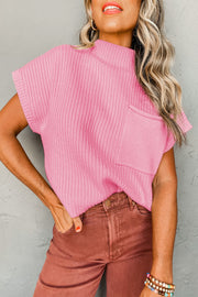 Pink patch pocket ribbed knit short sleeve sweater with front pocket detail