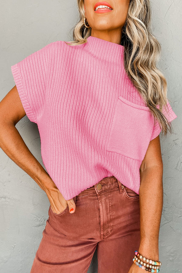 Oversized Pink Ribbed Knit Short Sleeve Sweater with Patch Pocket