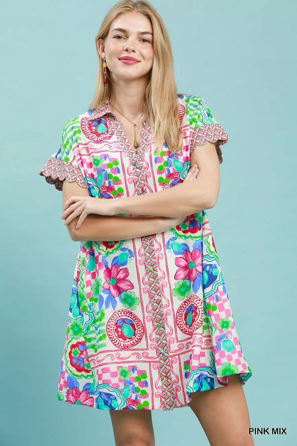 Umgee Mediterranean Print Dress with Contrast Printed Trim