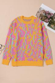 Cozy bright pink leopard plus size knit sweater with drop shoulder