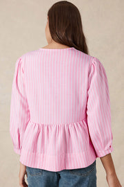 Pink stripe blouse showing three-quarter puff sleeves