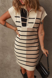 Khaki Stripe Quarter Zip Sweater Dress in soft viscose-blend knit