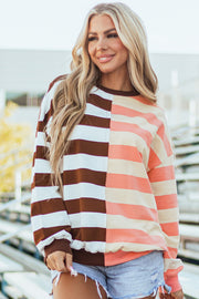 Brown stripe color block drop shoulder pullover sweatshirt in relaxed oversized fit