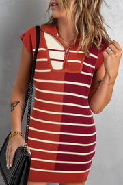 Brown Stripe Quarter Zip Sweater Dress with striped color block pattern