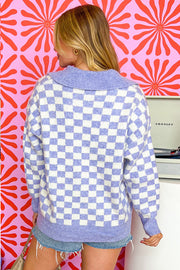 Plus size purple plaid sweater with long sleeves and dropped shoulders