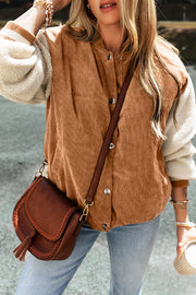 Color-block patchwork bomber with faux shearling sleeves and flat collar