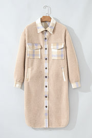 Smoke gray sherpa coat with plush fleece texture detail