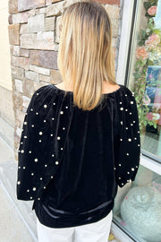 Pearl Beaded Velvet Top showing half puff sleeves