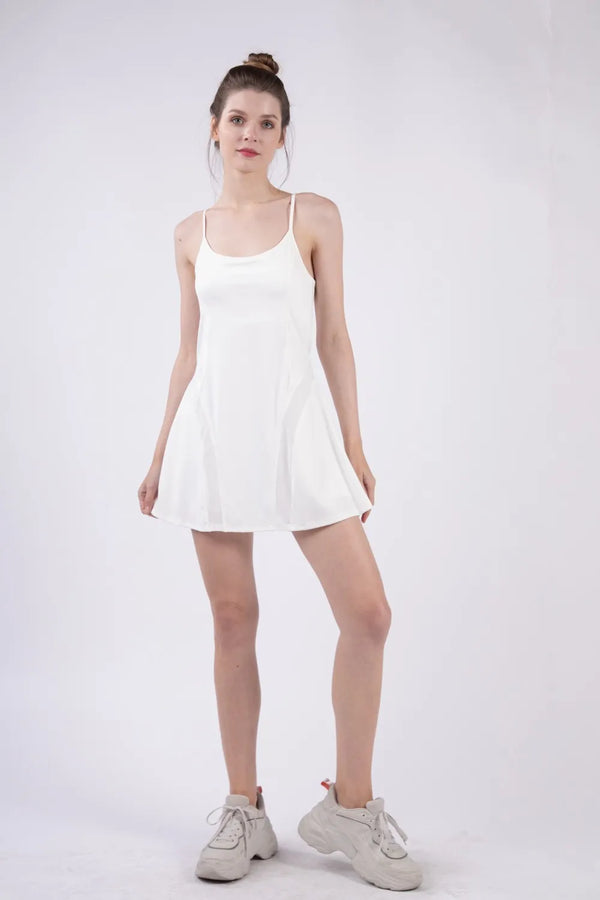 White Mesh Detail Tennis Mini Active Dress with Built-In Shorts