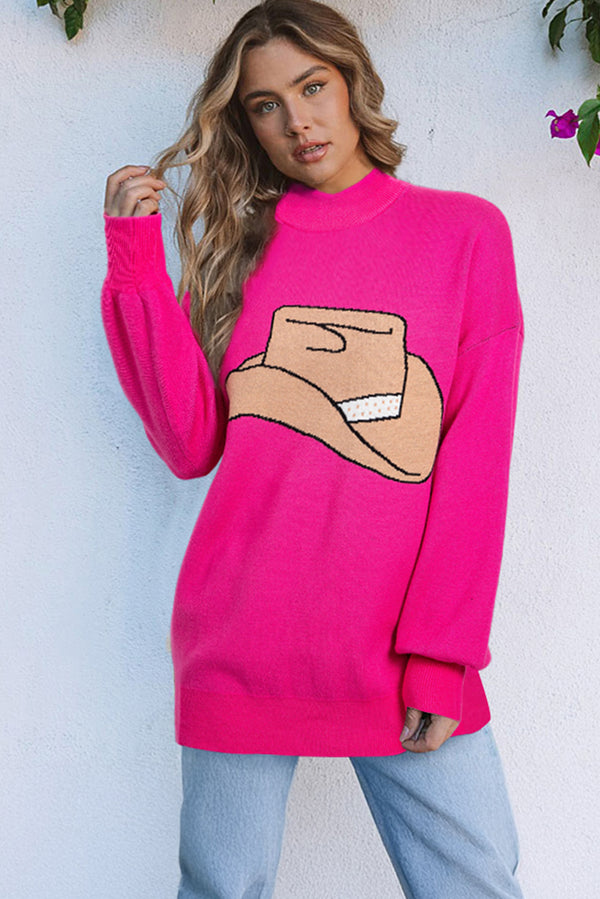 Oversized Cowboy Hat YEEHAW Sweater in Rose Red