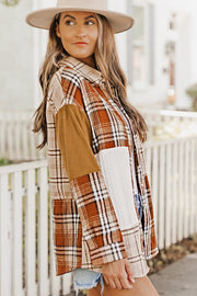 Orange color block plaid shacket layered as outerwear over casual wear