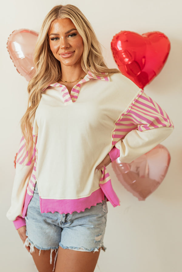 Pink Stripe Colorblock Patchwork Collared French Terry Top