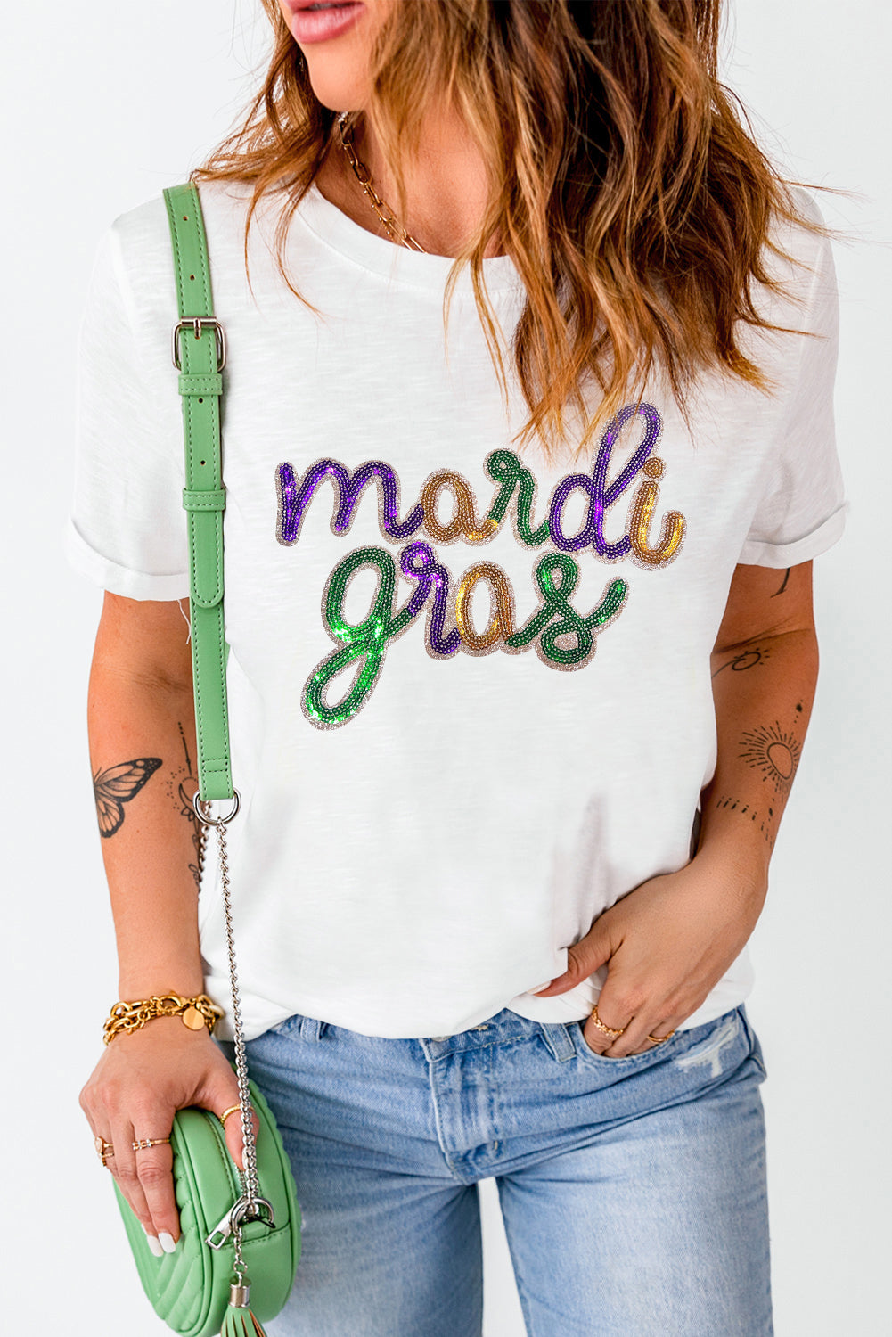 White Sequin mardi gras Graphic T Shirt