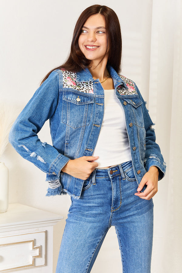 Denim Jacket in Leopard Floral with Distressed Raw Hem