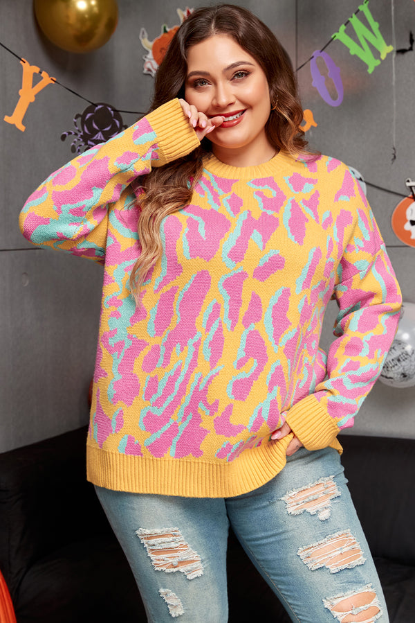 Off the Shoulder Sweater Look in Bright Pink Plus Size Leopard Ribbed Trim Knit