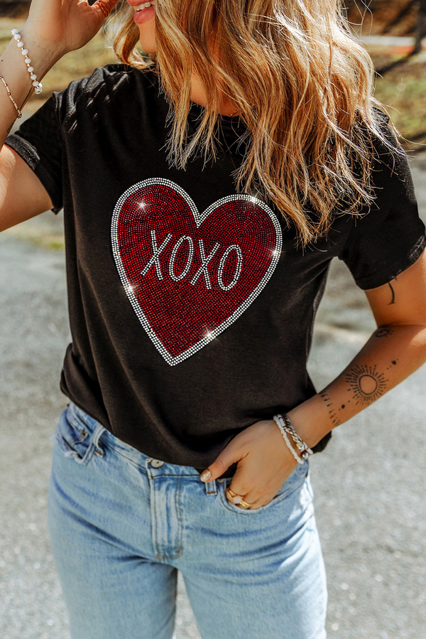 Black Graphic Tee - Rhinestone XOXO Heart Crewneck Top