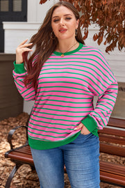 Plus size pink stripe waffle knit crew neck sweatshirt in soft textured fabric
