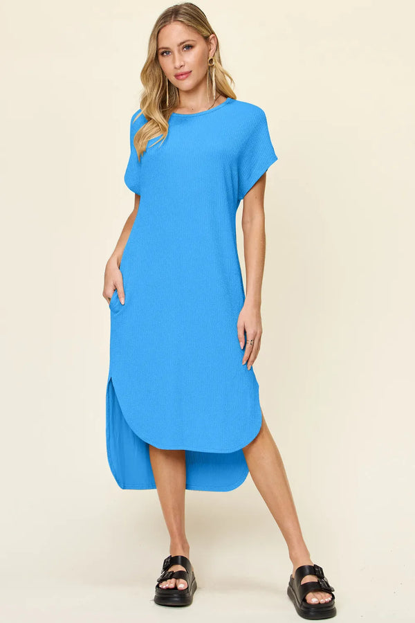 Round Neck Short Sleeve Blue Slit Dress