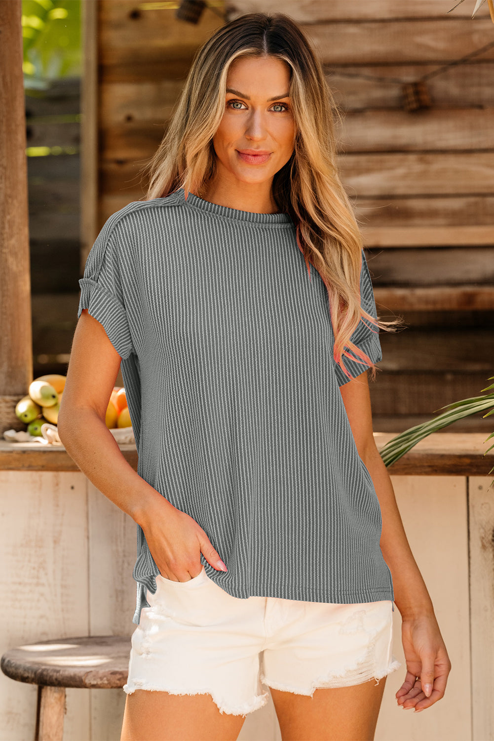 Rose Red Textured Knit Exposed Stitching T-Shirt