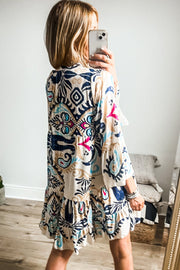 Tribal print buttoned mini dress with bracelet-length sleeves