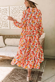 Boho floral maxi dress showing collared neckline and high-waist flared silhouette