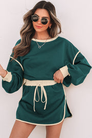 Evergreen color contrast loose pullover and lace-up skort set with puff short sleeves