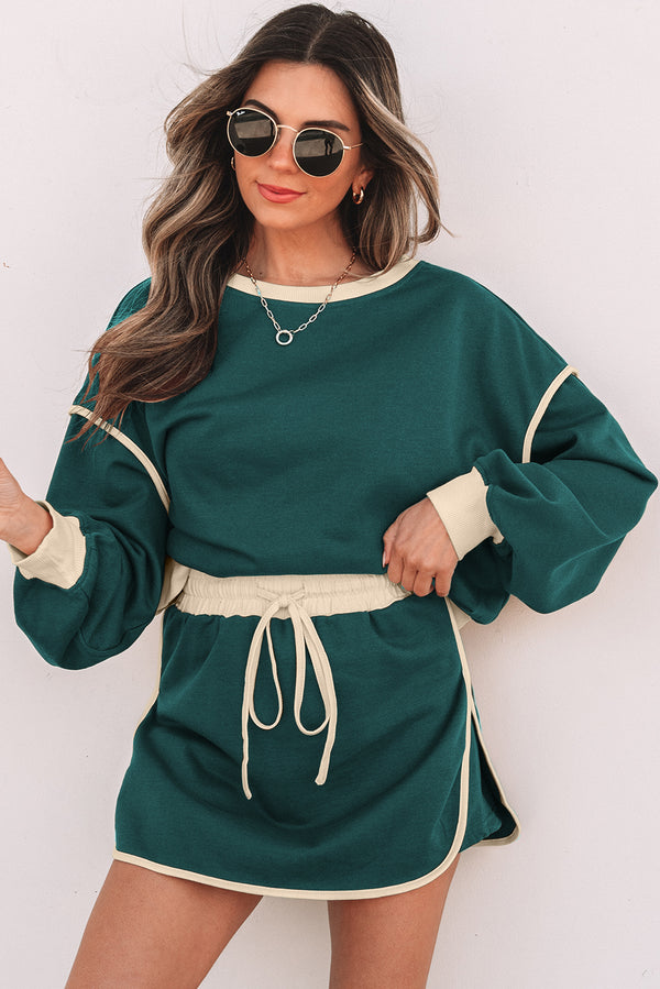 Color Contrast Loose Pullover & Lace-Up Skort Set