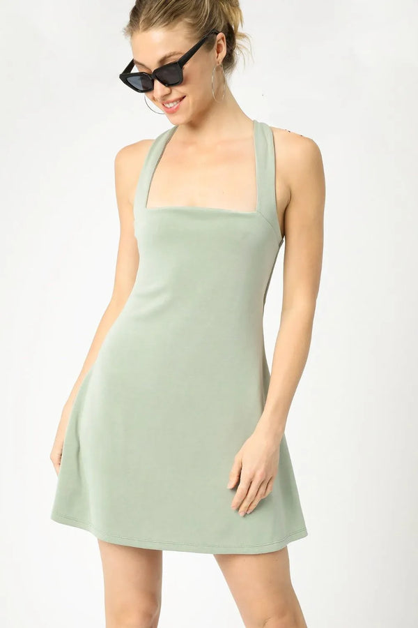 Crisscross Square Neck Active Dress in Sage Green