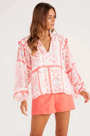 Vintage floral blouse with smocked shirring at the shoulders