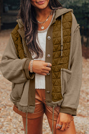Jungle green quilted hooded jacket with textured patchwork and loose fit