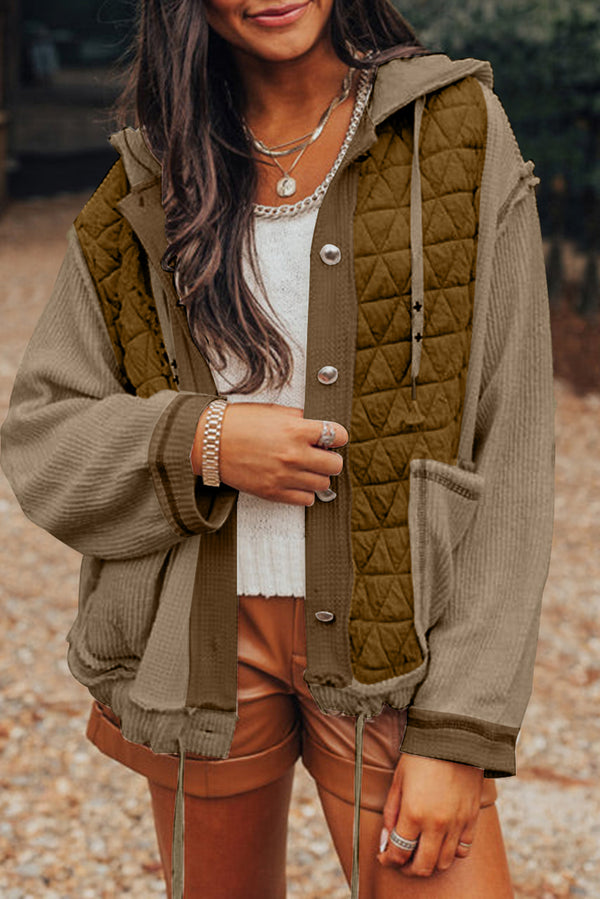 Quilted Jacket in Jungle Green — Textured Patchwork Loose-Fit Hooded