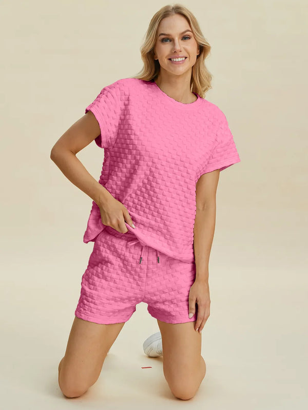 Double Take Texture T-Shirt & Black Shorts Set