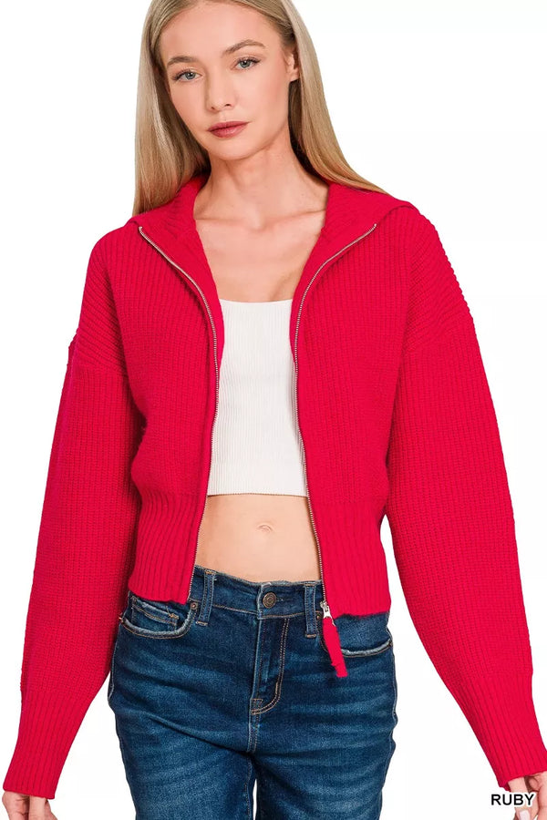 Ribbed Zip-Up Collared Cropped Cardigan Sweater