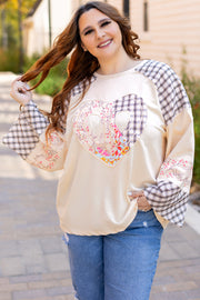 Plaid floral peace heart top in relaxed shift silhouette with wide sleeves
