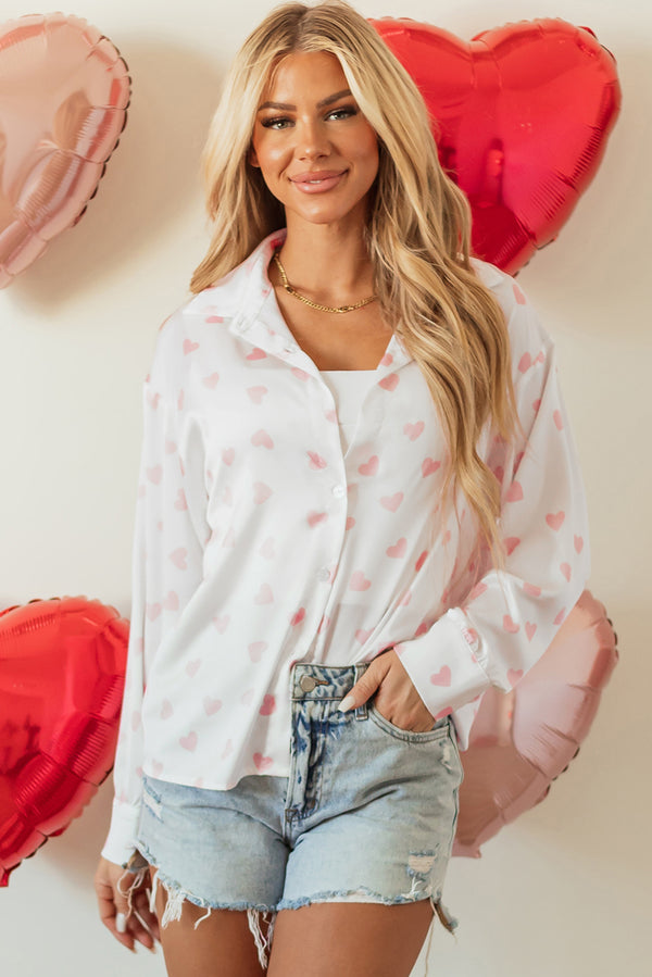 White Love Heart Print Puff Sleeve Shirt — Graphic Tee Style Blouse