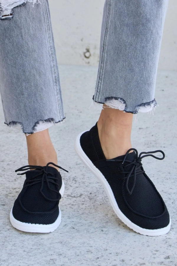 Black Shoes for Women — Forever Link Flat Round Toe Lace-Up Sneakers