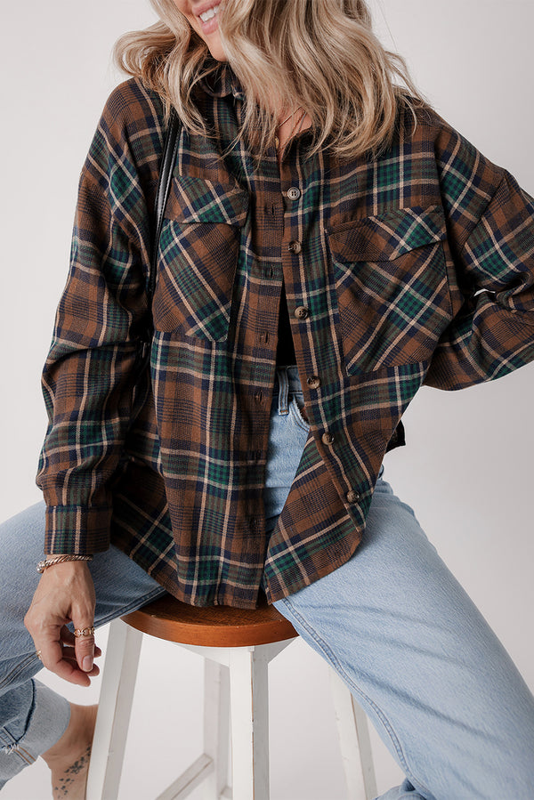 Brown Plaid Shacket - Buttoned Chest-Pocket Shirt Jacket