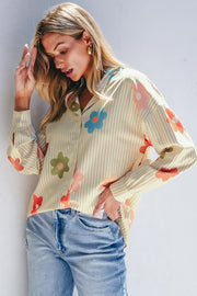 Long-sleeve collared button-up shirt with floral print