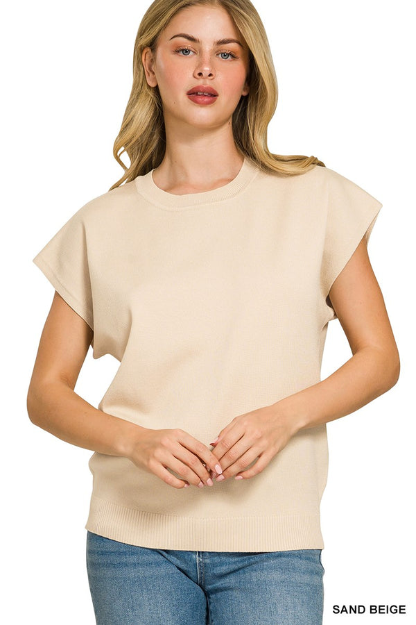 Oversized Short Sleeve Sweater in Sand Beige — Soft Ribbed Viscose Knit
