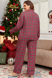 Red plaid lounge set button shirt with adjustable collar