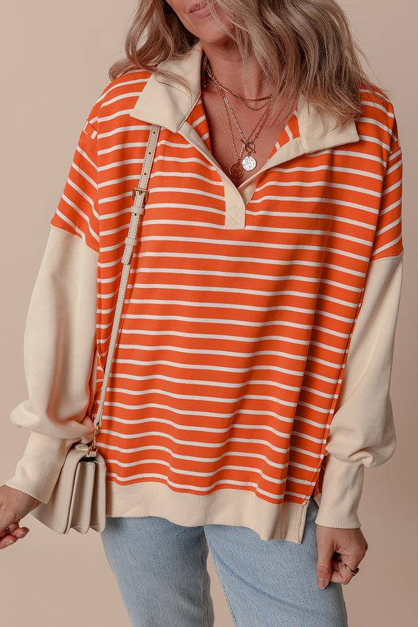 Orange Stripe Color Block Drop Shoulder Collared Sweatshirt
