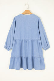 Solid Beau Blue tiered chambray mini dress for daily wear