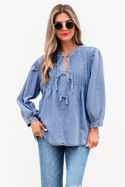 Chambray denim top with soft bow tie knot front detail