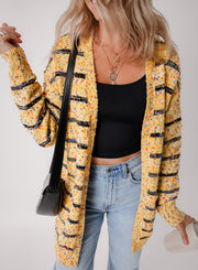 Long sleeve pom pom knit cardigan with textured stripe pattern