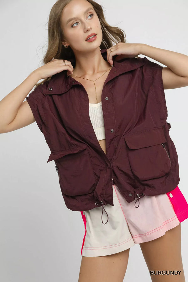 Umgee Nylon Drawstring Hem Vest with Pockets